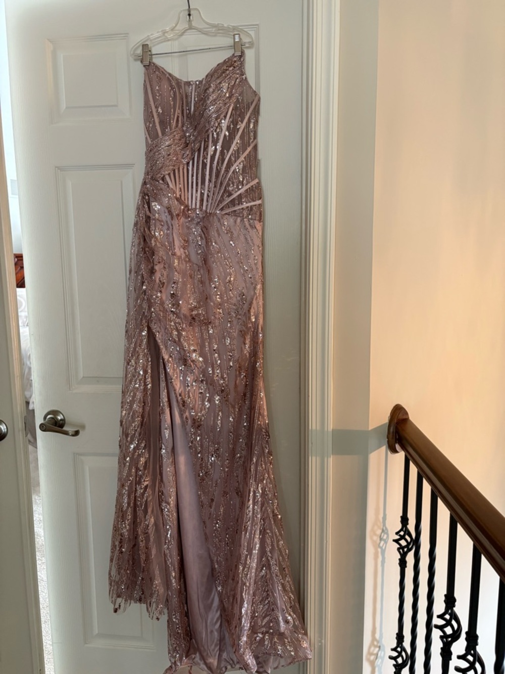 Elegant Mauve Strapless Sequin Prom Gown with Thigh Slit